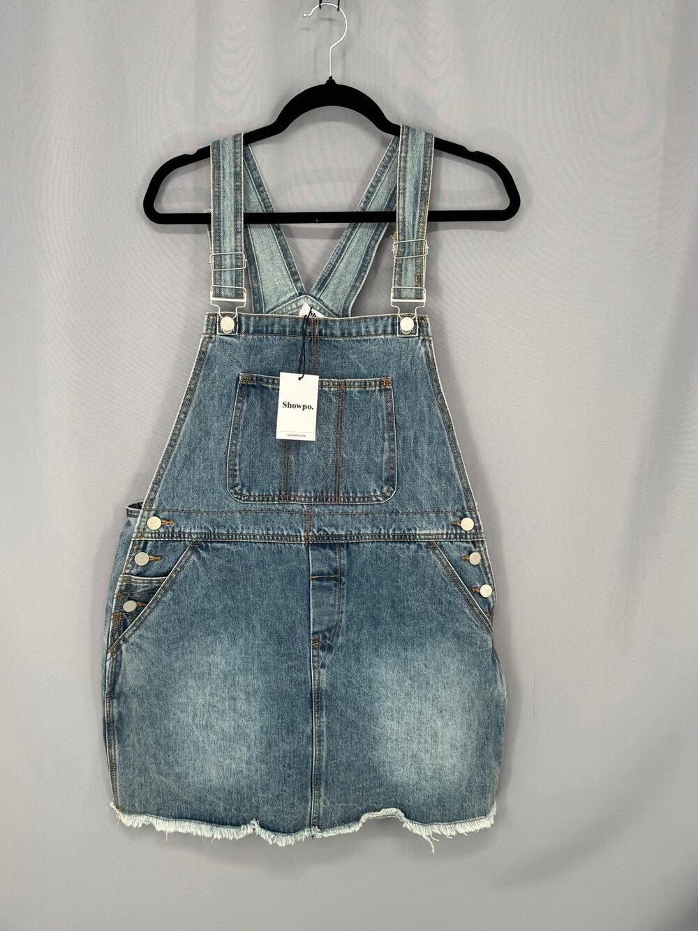 Showpo Dress Womens 10 Blue Denim Overall Pinafore Mini Frayed Hem Casual